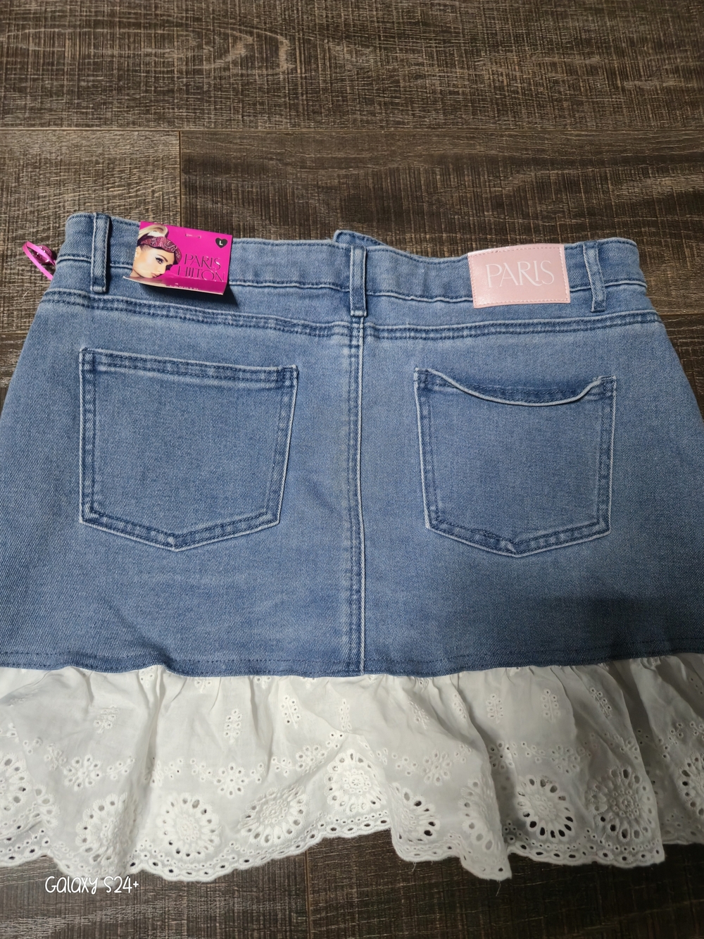 Paris Hilton Blue Denim Mini Skirt with White Eyelet Ruffle - Picture 3 of 3